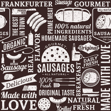 Retro styled typographic vector sausages seamless pattern or background