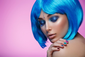 Beautiful girl in blue wig