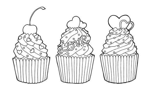 Hand drawn sketch of cupcakes with cherry and hearts. Valentine's day. Vector illustration isolated on a white