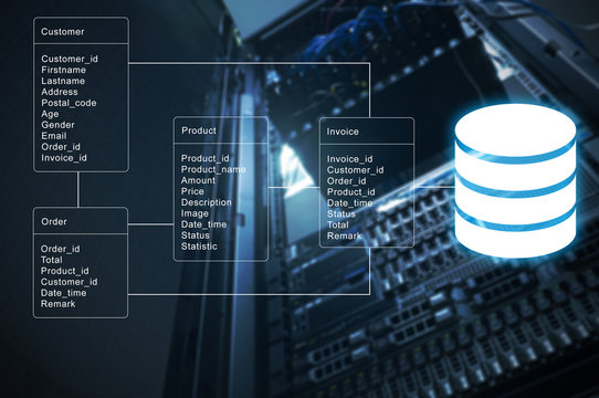 Database table with server storage and network in datacenter background