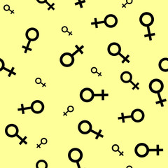 Fototapeta na wymiar Seamless pattern with black female symbols. Female small signs different sizes. Pattern on yellow background. Vector illustration