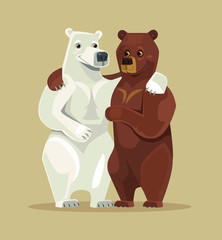 White and brown bears characters hug. Vector flat cartoon illustration