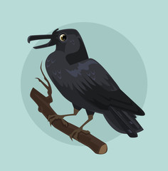 Black crow character sitting on branch. Vector flat cartoon illustration