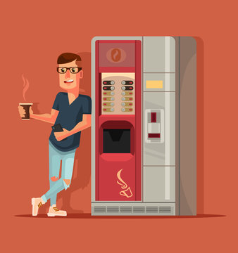 Man character drinking coffee next to coffee machine. Vector flat cartoon illustration
