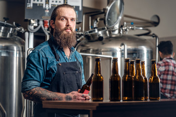 Two men presenting craft beer in the microbrewery.