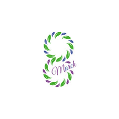 Isolated green color number eight of leaves and petals with purple word march icon, international women day greeting card element vector illustration.