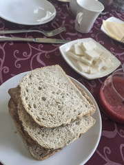 Slices of bread on breakfast table