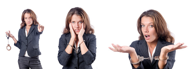 Female businesswoman with handcuffs on white