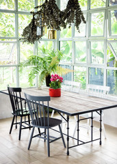 Dining room interior with table, chairs and plants against big windows