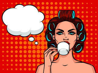 Young beautiful girl European type with curlers on her head drinking a coffee. Woman with cup of tea and speech bubble over halftone background effect