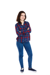 Young woman standing on white background 