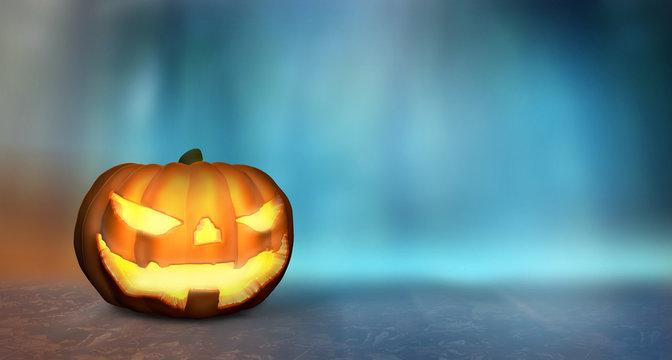 Halloween pumpkin and deep forest blurred background 3d render