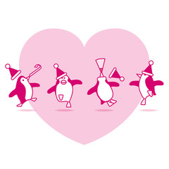 Pink Dancing Santa Penguins Partying on Pink Heart