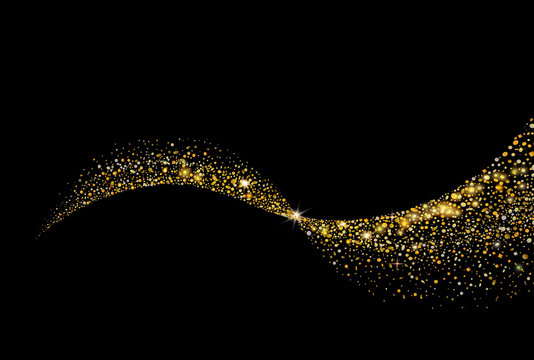 Vector gold glitter confetti wave on black background