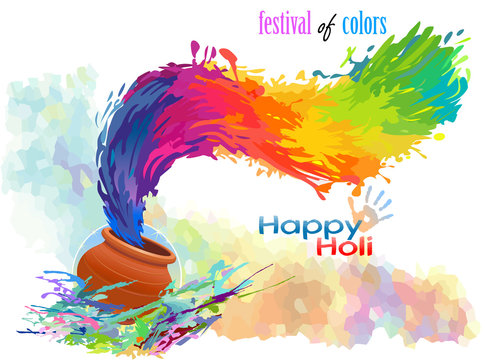 Splash of holi colors from a caly pot. Vector illustration.