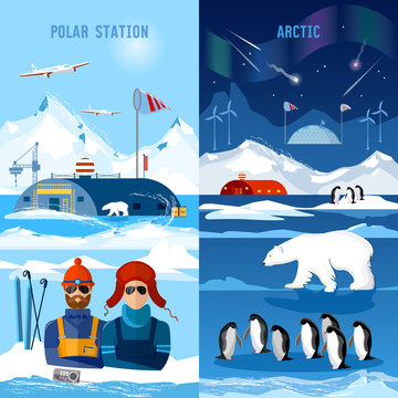 Travel to Antarctica banners. Scientific station on North Pole.  Arctic and Antarctic tourism