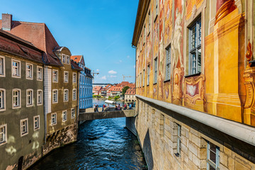 Colorful yellow frescoes on the Town Hall Bramberg