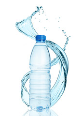 Bottle of still healthy water with splashes