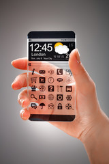 Fototapeta na wymiar Smartphone with transparent screen in human hands.