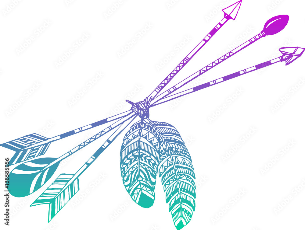 Wall mural tribal arrow in ethnical pattern with feathers and wild flowers