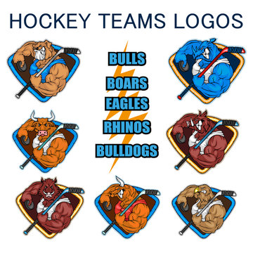 Set of animals logo, for a hockey club or hockey team - bulldog, rhinoceros, bull, boar, eagleть