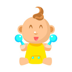 Small Happy Baby In Yellow Onesie With Two Toy Shakers Vector Simple Illustrations With Cute Infant