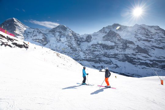 Jungfrau ski resort with famous Eiger, Monch and Jungfrau peaks in Swiss Alps, Switzerland