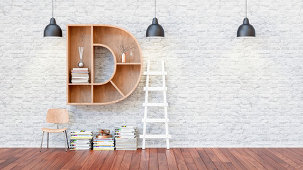 A library with bookshelves a letter d.