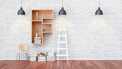 A library with bookshelves a letter f.