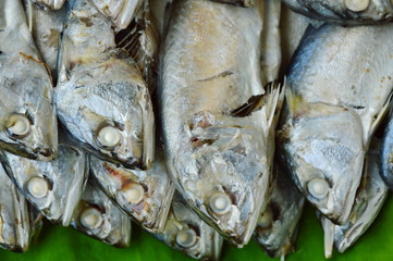 mackerel on fresh banana leaf in market