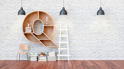 A library with bookshelves a letter q.