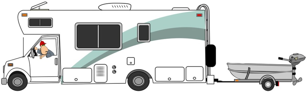 Illustration of a man driving a class c motorhome and towing a small aluminum fishing boat.