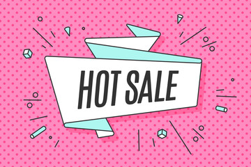 Ribbon banner with text Hot Sale for emotion and motivation. Retro hand-drawn design elements for sale theme, shop, market. Poster in pop art style on dot background. Vector Illustration
