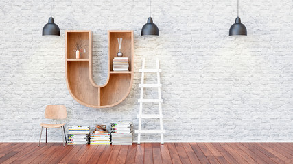A library with bookshelves a letter u.