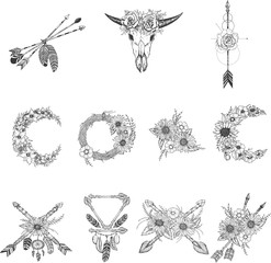 Beautiful boho elements . bufflo skull, arrows, feathers and flowers