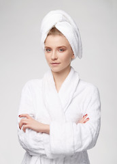 Woman at the spa gray background white