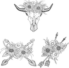 Beautiful boho elements . bufflo skull, arrows, feathers and flowers