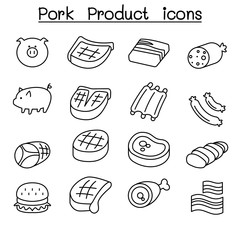 Pig & Pork Product icon set in thin line style