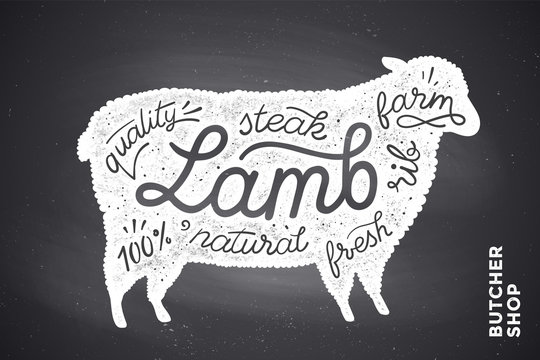 Trendy illustration with red lamb silhouette and words Lamb, fresh, steak, natural, farm. Creative graphic design for butcher shop, farmer market. Poster for meat related theme. Vector Illustration