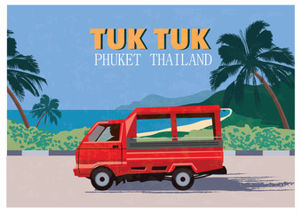Thai traditional Tuk Tuk in Phuket of Thailand. Vector Illustration