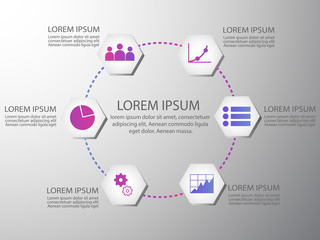 Business infographic pentagon object with color lines and business icons. Silver background. Vector illustration.