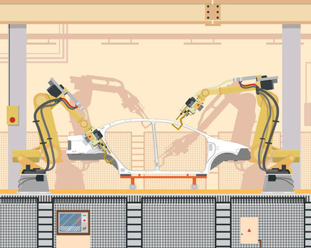 Automated assembly and welding the car body in the modern production with the help of a robotic manipulator arm on the assembly line. Vector illustration