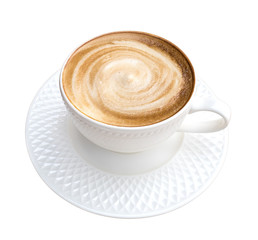 Top view of hot coffee cappuccino spiral foam isolated on white background, clipping path included