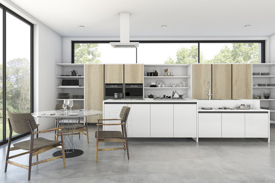 3d rendering loft wood kitchen with nice view from window