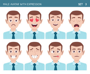 Fototapeta premium Set of male facial emotions. Male cartoon style character with different expressions. Vector illustration. Set three of six.