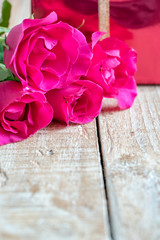  valentine`s day with roses and gift on wooden