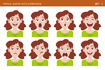 Set of female facial emotions. Female cartoon style character with different expressions. Vector illustration. Set one of six.