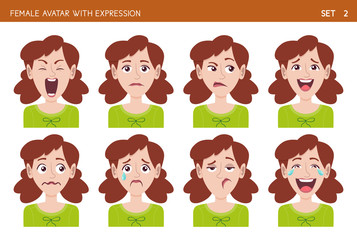Set of female facial emotions. Female cartoon style character with different expressions. Vector illustration. Set two of six.