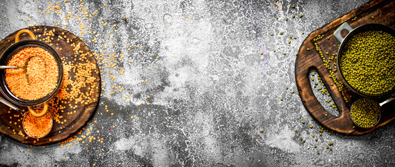Seeds of lentils and green beans in a bowl. On rustic background.