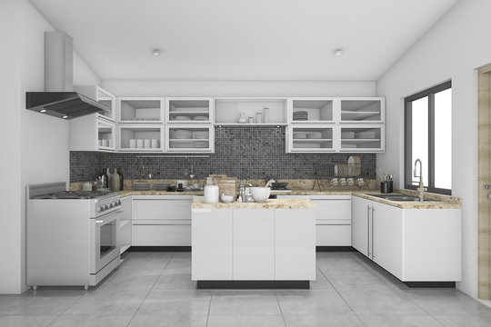 3d rendering nice modern white and mosaic kitchen